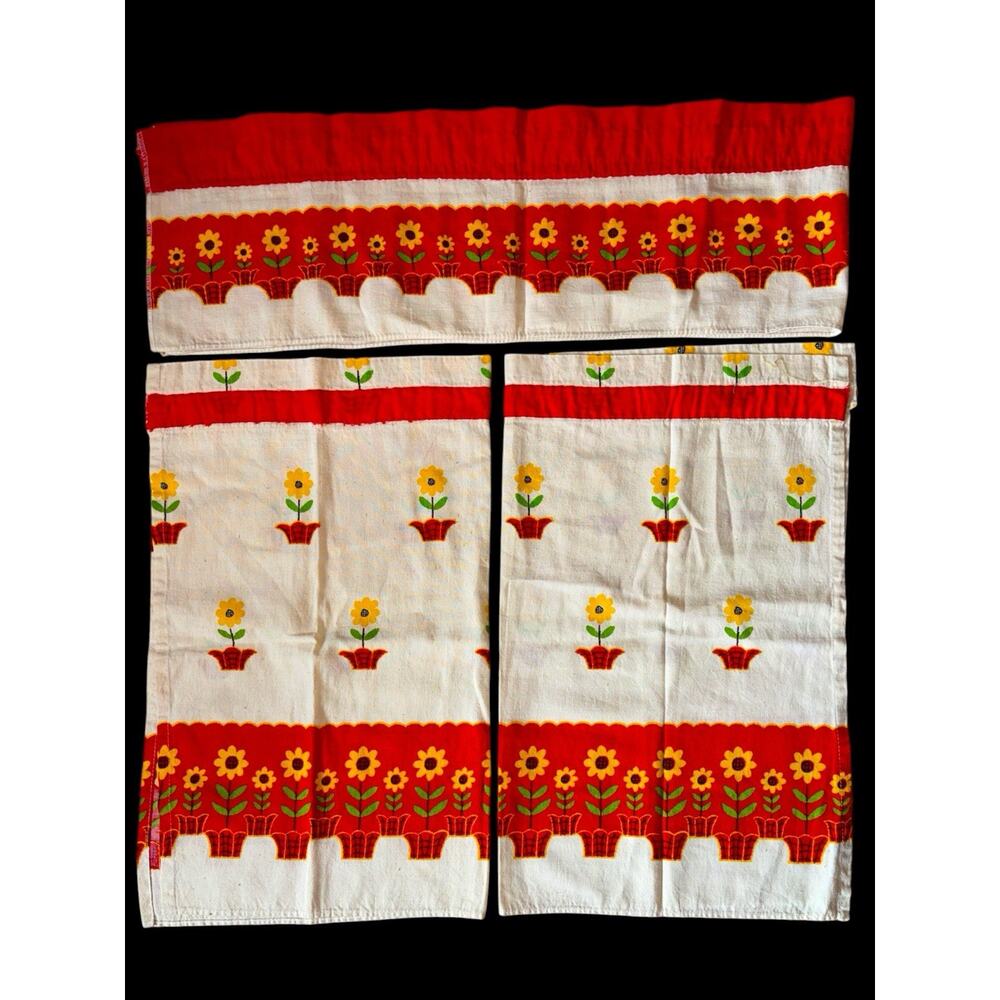 Vintage MCM Sunflower Kitchen Curtains Cottagecore Farmhouse Cotton Flower Power